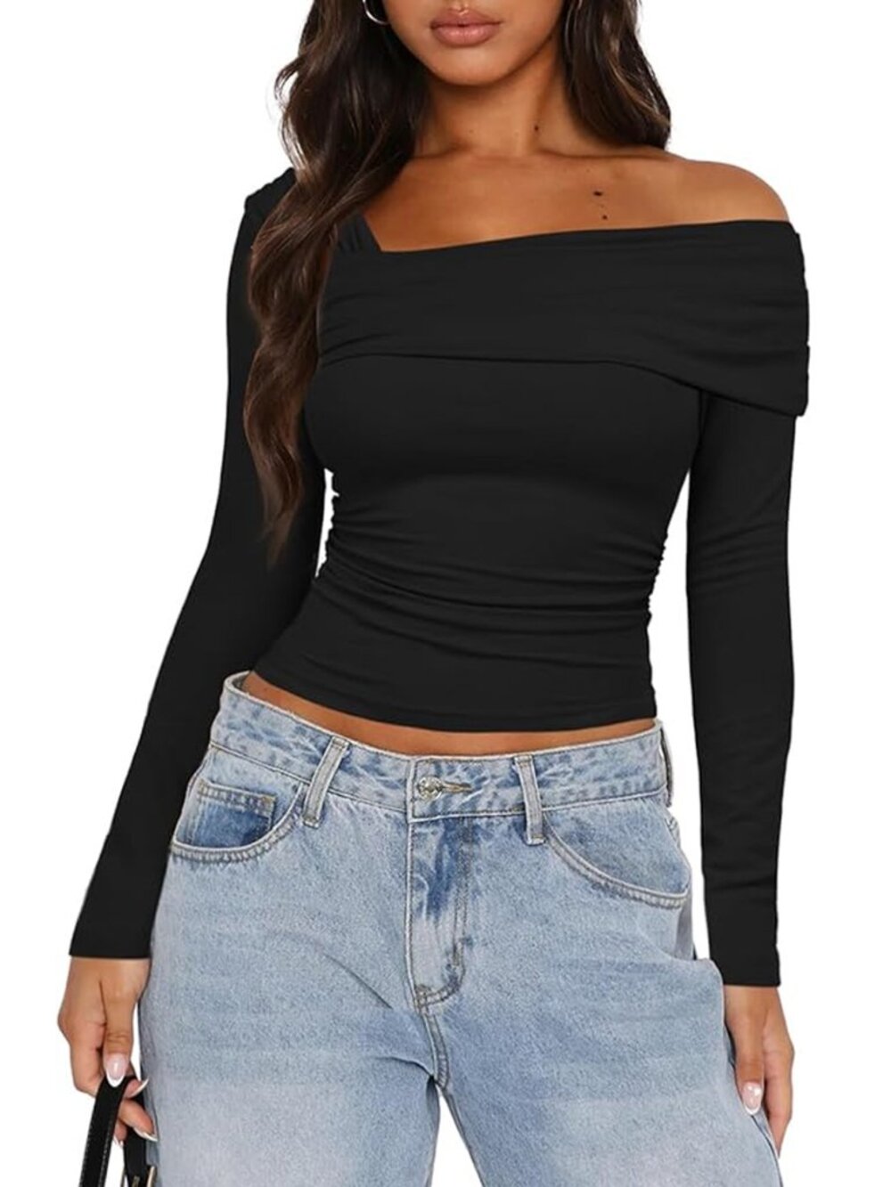 Darong | Black Off Shoulder Long Sleeve Ruched Top